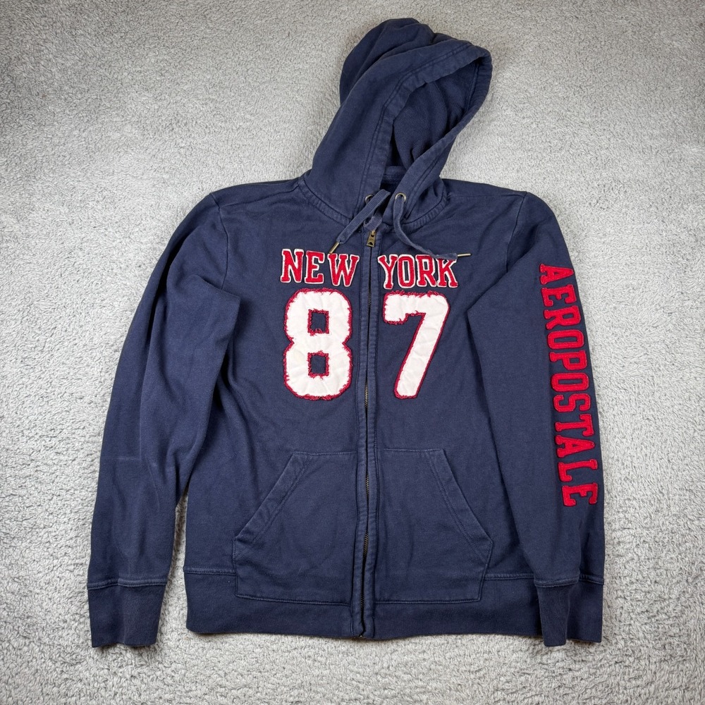 Vintage Aeropostale Hoodie Mens Small Navy New York 87 Full Zip Applique 90s Y2K